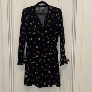H&M Black Long-Sleeve V-Neck Dress with Floral & Dragonfly Bug Print